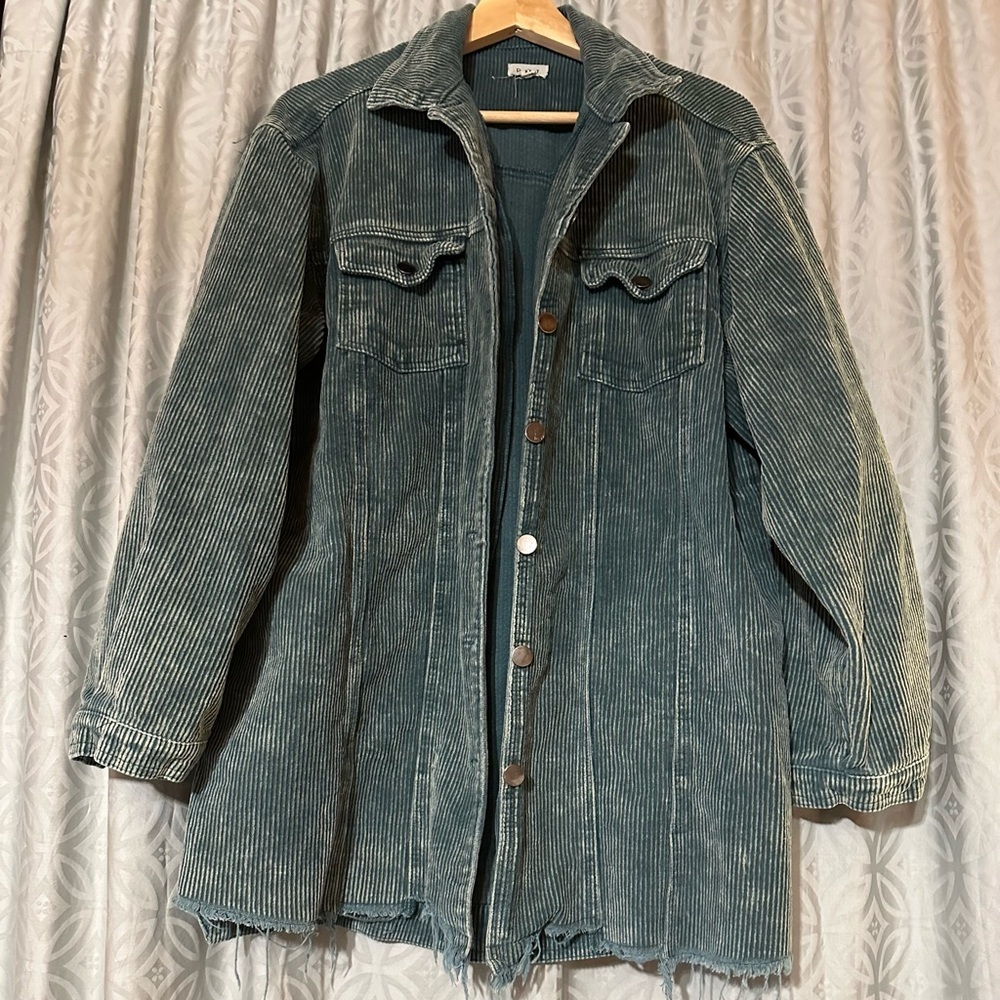 POL Distressed Corduroy Jacket Shacket Western Country Festival Boho Green Sz M